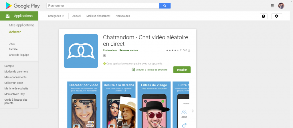 Chatrandom propose une application Android avec le même principe, disponible en téléchargement gratuit sur Google Play
