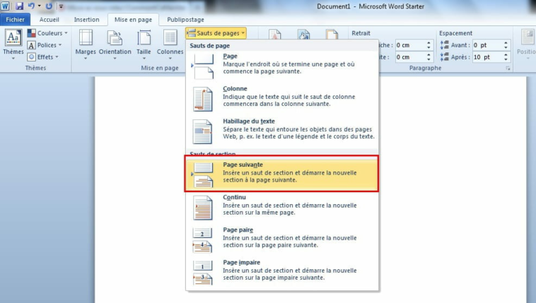 Comment changer de section sur Word ?