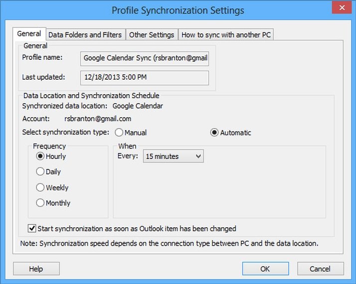 How often does Google Calendar sync with Outlook?